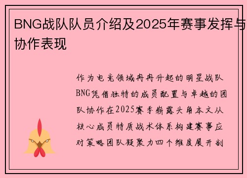 BNG战队队员介绍及2025年赛事发挥与协作表现